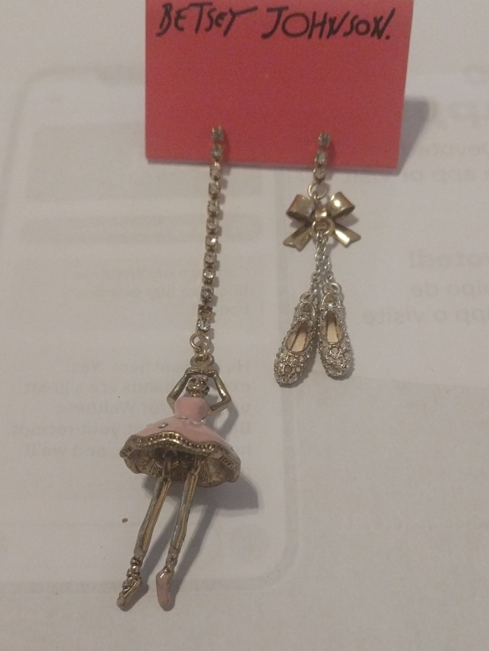 Betsey Johnson Pink Ballerina and Gold Ballet Shoe Dangle Earrings